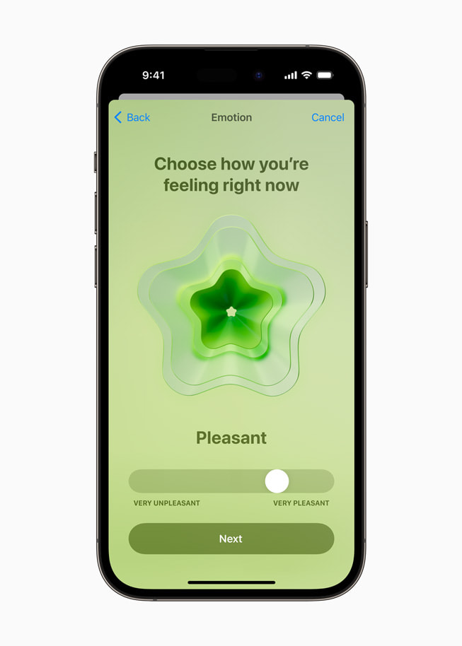 La app Salud le pide a un usuario en un iPhone 14 Pro que elija cómo se siente en ese momento.