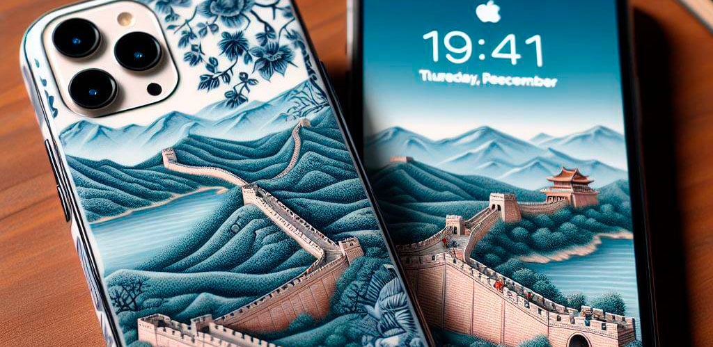 iPhone 15 con diseño muralla china con IA