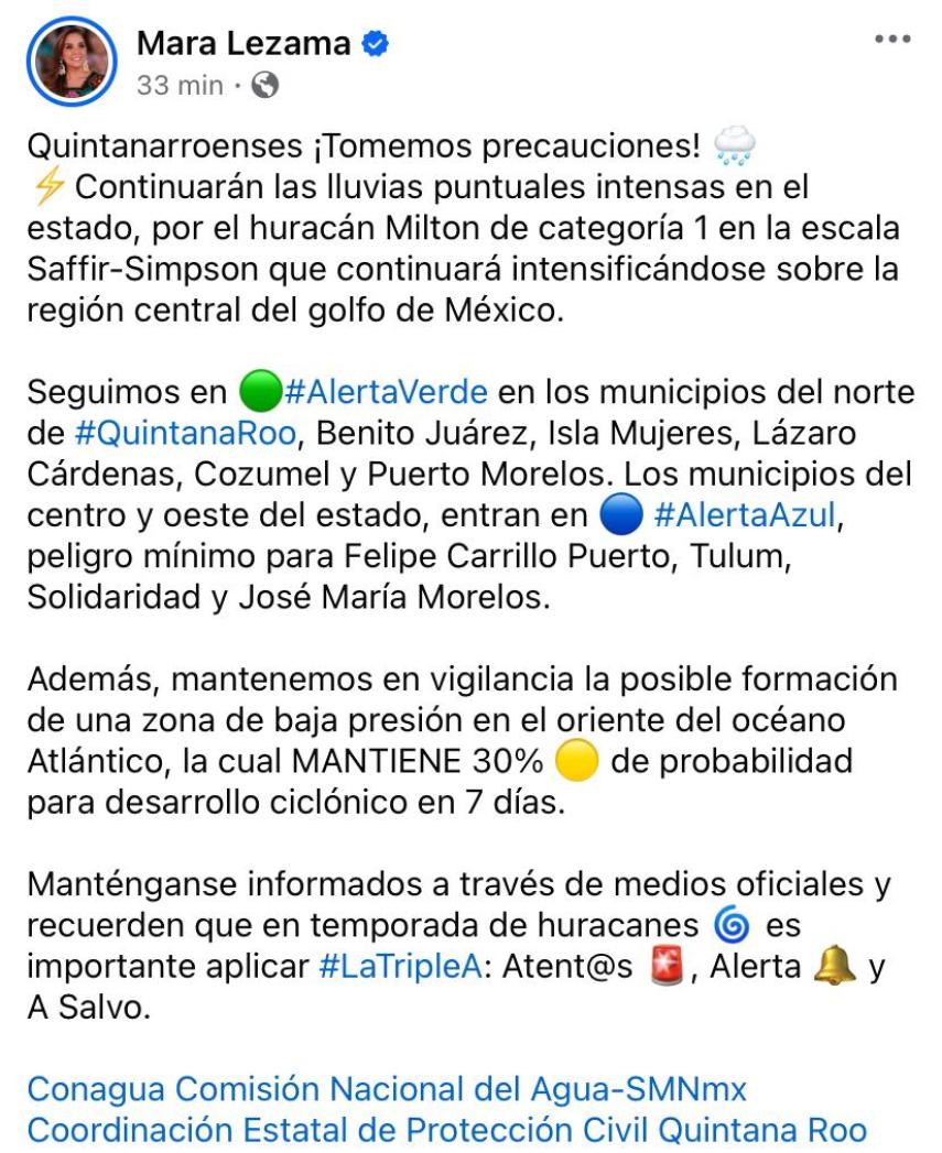 Mara Lezama anuncia Alerta Verde en Quintana Roo